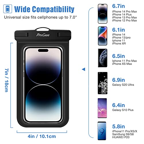 Procase 2 Fundas Impermeables para Celular, Bolsa contra Agua Compatible con iPhone 14 13 Pro MAX 12 Mini SE X XS 8 7 Plus 6S 6 Galaxy S20 S10 S9 S8+ Note 5 4 3 Otro Smartphone hasta 7" -Negro